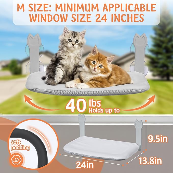 2 Pack Cat Window Perch,Cat Window Hammock Cordless Foldable Window Bed with 4 Large Strong Suction Cup,Reversible Cushion Cover,Metal Frame Easy to Adjust Window Seat Holds up to 40lbs(Dark Gray，M)