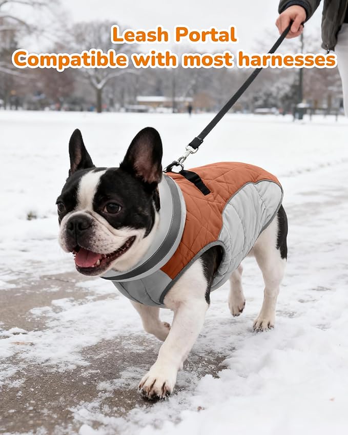 Dog Coat for Small Dogs, Adjustable Dog Jackets for Cold Weather, Reflective Winter Coat with Built-in Harness, Snowsuit Fits Dogs 7-14 lbs and Up, Size S Brown