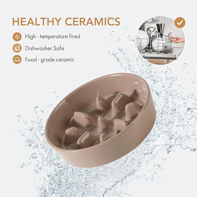 Ceramic 0.9 Cup Raised Slow Feeder Dog Bowl Set, Elevated 5.1inch Bowl and 6.1inch Slow Pet Food Dish with Wooden Stand for Small Dog and Cat(2 x Brown Coffee+ Stand)
