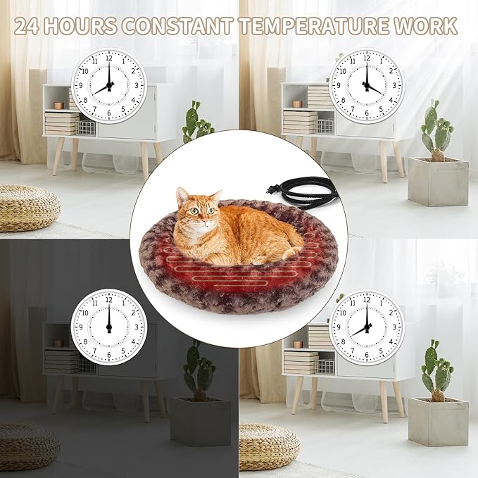 Heated Cat Beds for Indoor Cats Warming Cat Beds Super Soft Machine Washable Thermo Kitty Electric Heating Bed 19 Inches Round