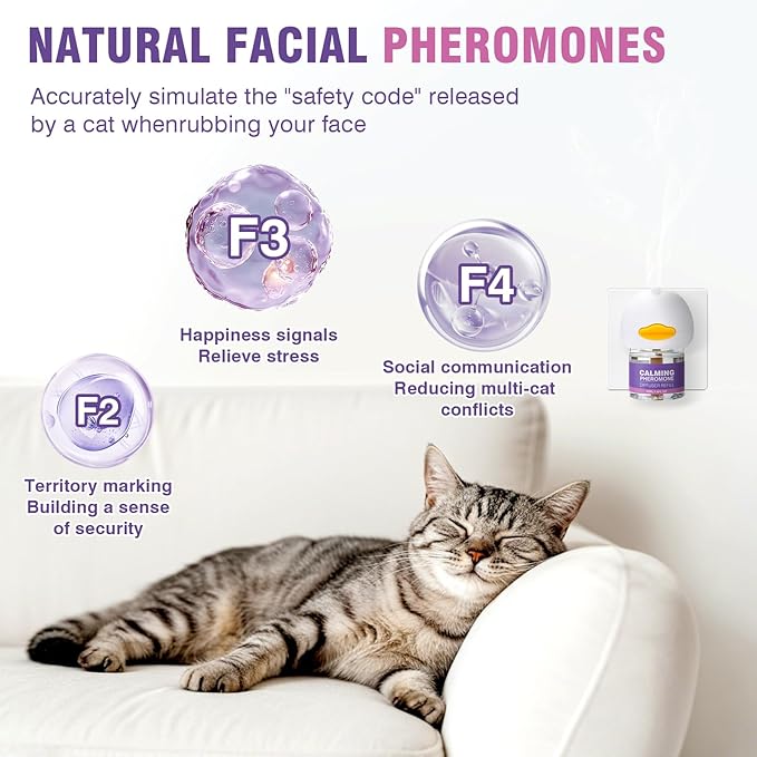 Cat Calming Pheromone Diffuser Refills 4 Pack Anxiety and Stress Calming for Cats Reduce Inappropriate Peeing and Spraying Fragrance Free for Bedroom Bathroom Reduces Conflict in Multi-Cat Households