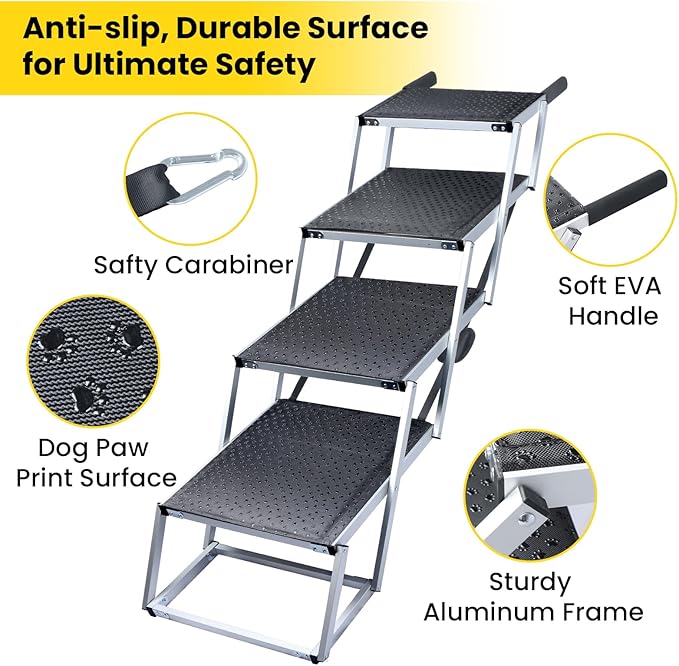Extra Wide Dog Stairs for Large Dogs, Portable Dog Ramp for Car with Non-Slip Surface, Folding Dog Car Ramp for SUV & Car, Outdoor, Supports up to 250 lbs, 4 Steps