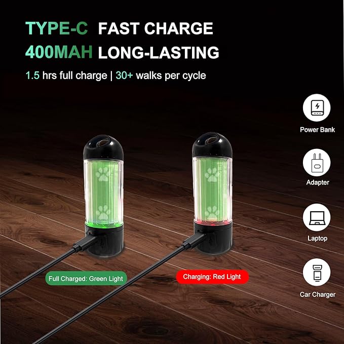 Tubasion 3-in-1 Dog Poop Bag Holder with Flashlight 7-Color, USB-C Rechargeable doggie bag holder for leash, IPX6 Waterproof Anti-Slip Clip Pet Waste Bag Dispenser for Walking (1 Dispenser, 30 Bags)