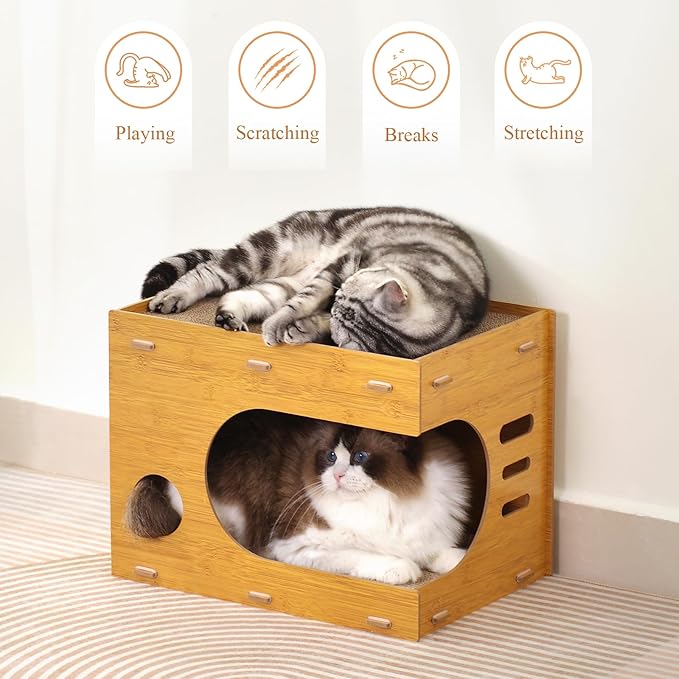 Cat Scratcher House,2 in 1 Cardboard Cat House Durable and Sturdy Cat Scratching Post Cat Scratching Board Cat Scratchers for Indoor Cats, Easy to Assemble,Maximum Load Capacity 66 lbs