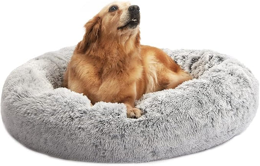 Bedfolks Calming Donut Dog Bed, 36 Inches Round Fluffy Dog Beds for Large Dogs, Anti-Anxiety Plush Dog Bed, Machine Washable Pet Bed (Light Grey, Large)