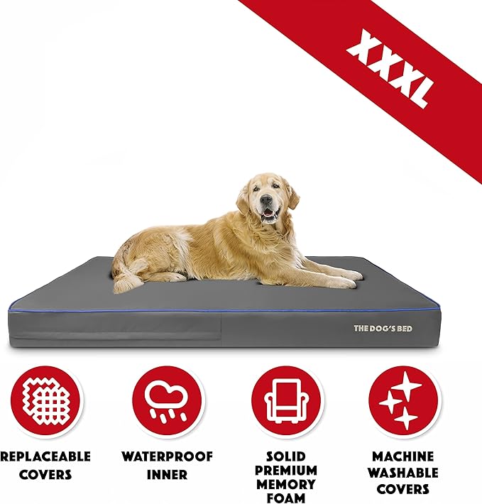 The Dog’s Bed Orthopedic Memory Foam Dog Bed, XXXL Grey/Blue, Pain Relief for Arthritis, Hip & Elbow Dysplasia, Post Surgery, Lameness, Supportive, Calming, Washable Cover, Veterinary Approved