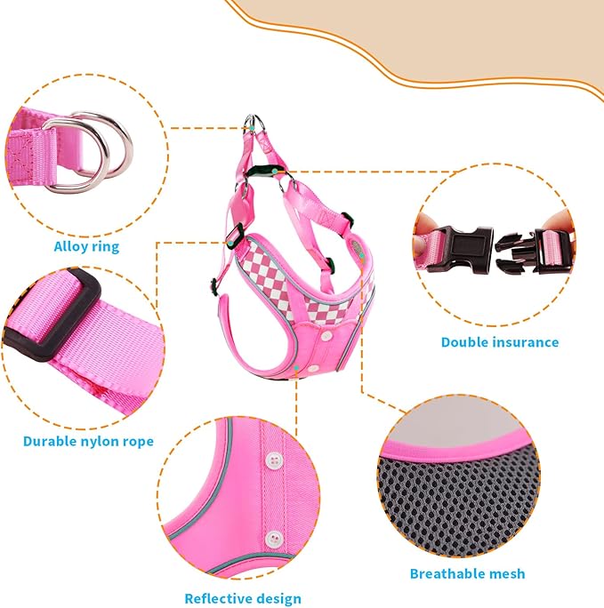 Denim French Bulldog Harness with Leash Set, with Breathable Padded Puppy Harness for Small Dogs Training and Walking (XS Pink)