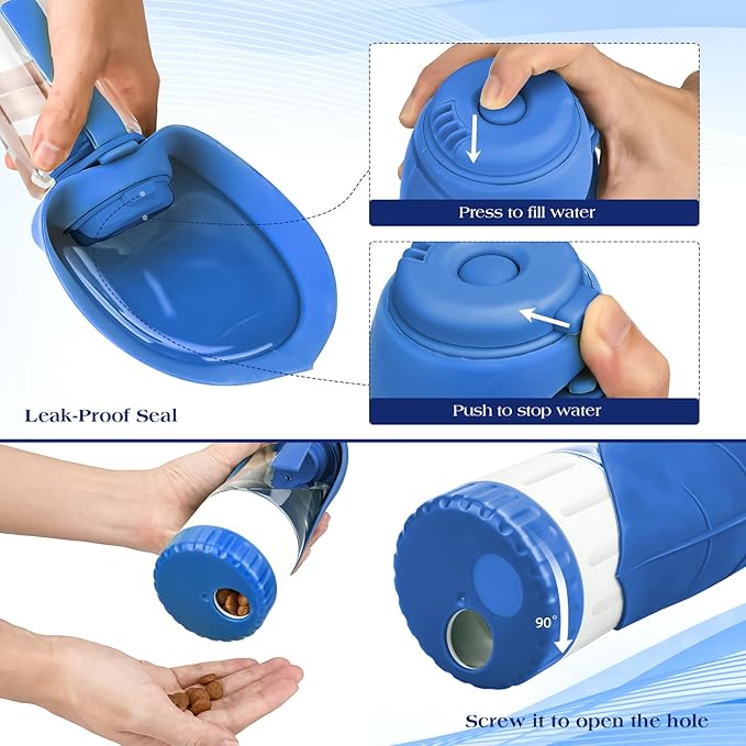 Upgraded Dog Water Bottle, Portable Dog Cat Puppy Pet Water Dispenser Feeder with Drinking Cup and Food Container Leak Proof for Outdoor Walking, Travel, Hiking 12OZ Blue