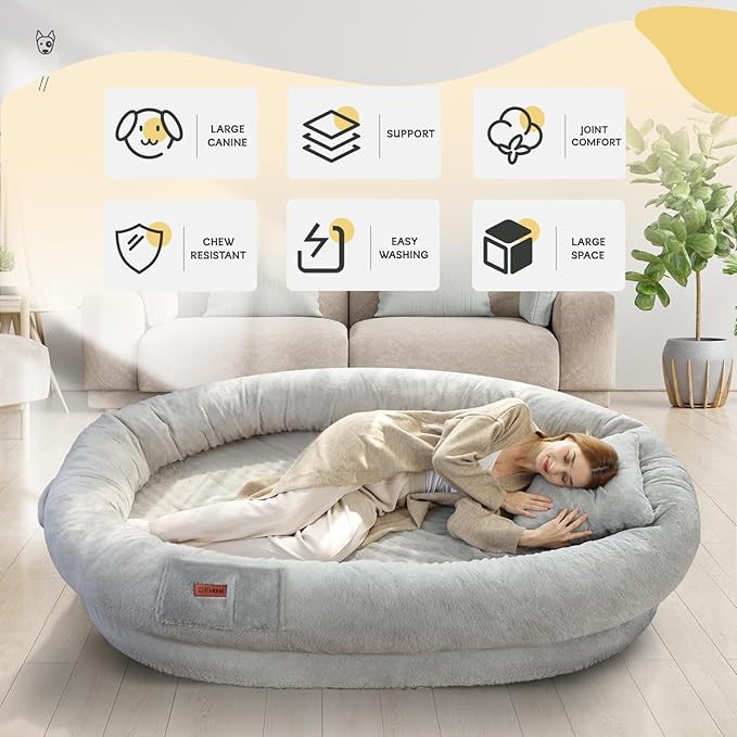 Human Dog Bed for Adults, 71"x51"x12" Washable Orthopedic Size, Faux Fur Removable, Cozy Large Present with Blanket and Pillow, Grey