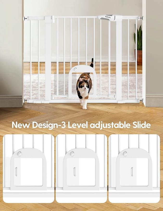 Babelio 36" Tall Upgraded Baby Gate with Cat Door, 29-43" Auto Close Durable Dog Gate for Stairs, Doorways and House, Easy Walk Thru Safety Gate with Pet Door Includes 4 Wall Cups, White