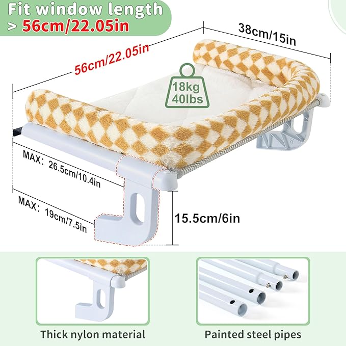 Sunhoo Cat Window Perch Hammock Sturdy Windowsill Bed Seat for Large Cats No Drilling No Suction Adjustable Kitty Shelf with Washable Cover Easy Assembly Holds up to 40 lbs 22.05 * 15 in (Brown, S)