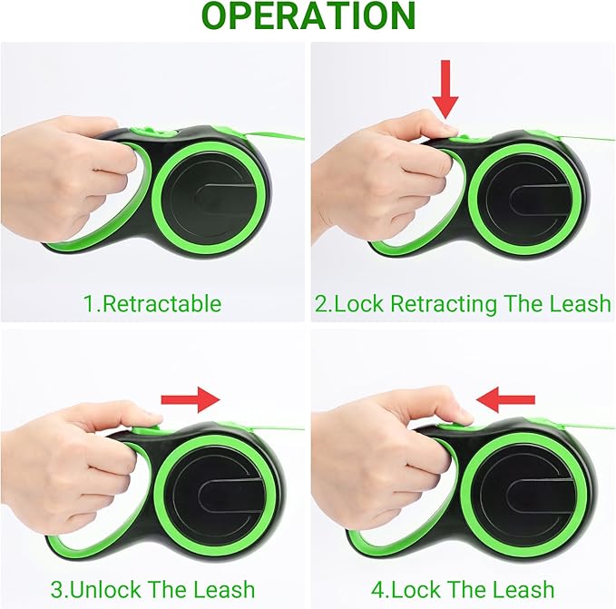 Segarty Extendable Dog Leash, 16ft Heavy Duty Walking Dog Leash for Medium Small Dogs up to 44lb, Anti-Slip Handle 360°Tangle-Free Nylon Tape, One-Handed One Button Lock and Release (Green)