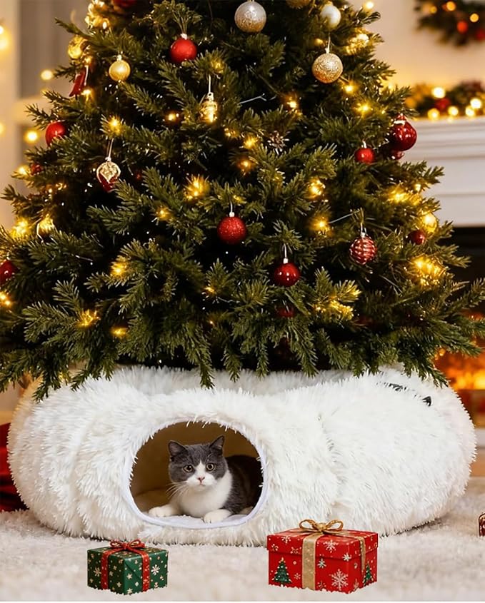 Grelife Cat Tunnel Bed for Indoor Cats, Large Cat Tunnel Christmas Tree Skirt, Cat Donut Tunnel Toys with Soft Plush, for Cats, Kittens, Small Pets(33.52")