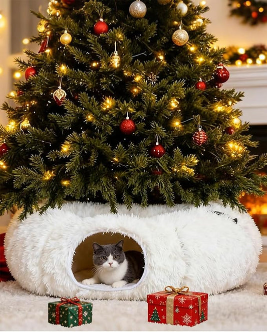 Grelife Cat Tunnel Bed for Indoor Cats, Large Cat Tunnel Christmas Tree Skirt, Cat Donut Tunnel Toys with Soft Plush, for Cats, Kittens, Small Pets(33.52")