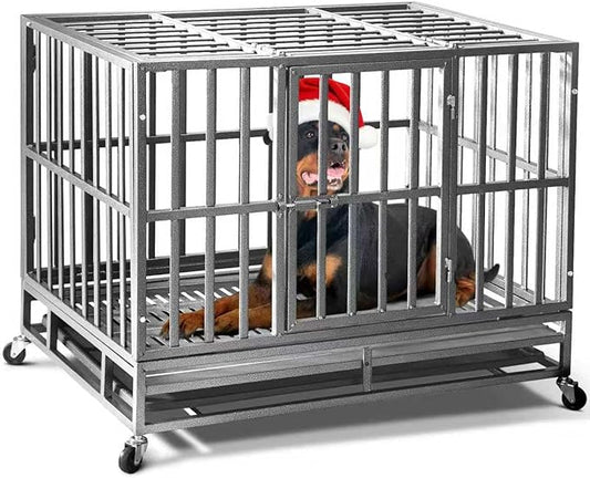 Oranland 38 inch Heavy Duty Indestructible Dog Crate,2025 New Upgraded Reinforced Baseplate for Large Dogs,XL Dog Crate for High Anxiety Dogs/Max Load Capacity 200lbs/Double Door with Wheels（Silver）