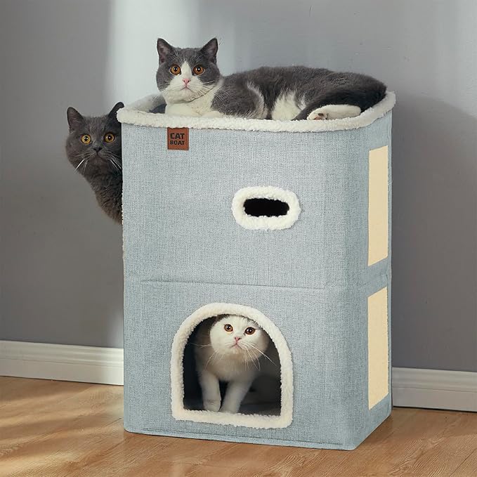CATBOAT 2-Storey Cat House for Indoor Cats Bed, Covered Beds & Furniture with Scratch Pad and Hideaway Cave, Cute Modern Condo for Multi Small Pet Large Kitten Kitty, Light Grey