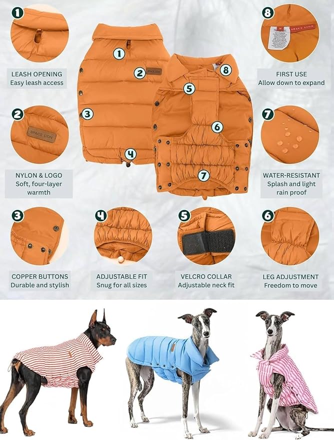 SPACE LION Dog Puffer Jacket, Down Winter Coat, Durable Outdoor Coat for Cold and Windy Conditions, Lightweight & Adjustable Fit Coats for Medium & Large Dogs, (Orange, Size20/XL)