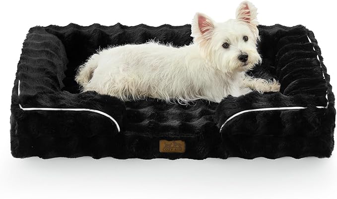 Orthopedic Dog Bed for Large Medium Size Dog, Soft and Warm Faux Fur Sofa for Pet Up to 75 lbs, Foam Bolster Anti-Slip Couch with Washable Removable Cover, L 36x27x6.5 inch, Black