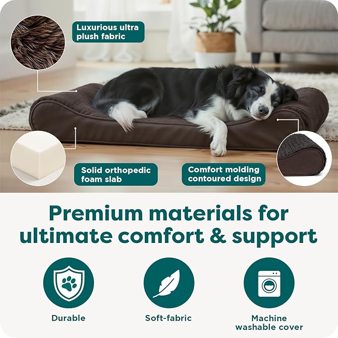 Furhaven Orthopedic Dog Bed for Large/Medium Dogs w/ Removable Washable Cover, For Dogs Up to 38 lbs - Ultra Plush Faux Fur & Suede Luxe Lounger Contour Mattress - Chocolate, Large