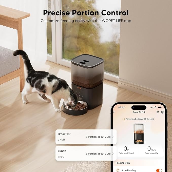 WOPET Automatic Cat Feeder, 5G WiFi Automatic Dog Feeder with APP Control for Remote Feeding, Cat Food Dispenser with Low Food Sensor and Voice Recorder,Up to 10 Meals Per Day for Cats and Dogs
