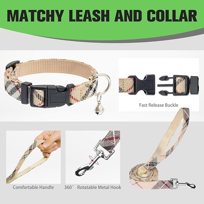EXPAWLORER Plaid Small Dog Harness and Leash Set with AirTag Holder - Soft Padded Step in Dog Vest Harness Medium Sized Dog, No Pull Reflective Puppy Harness, Collar and Leash for Walking, Khaki M