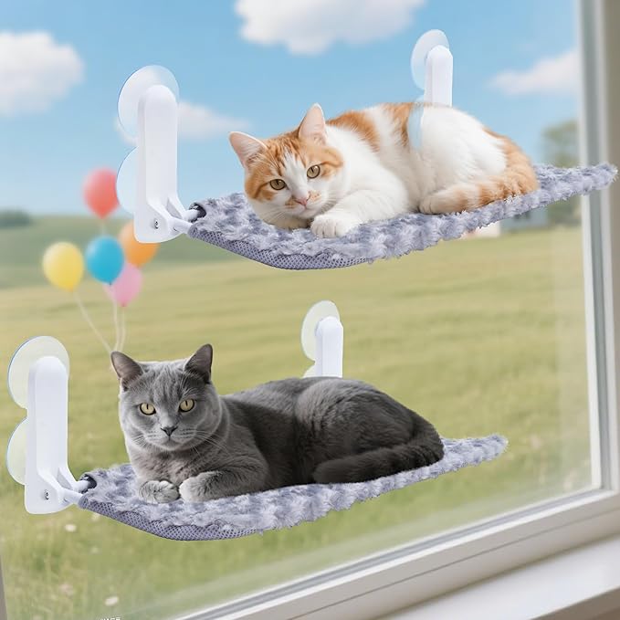 Cat Window Perch, Cordless Foldable Cat Hammock Bed with 4 Suction Cups, Embeded Machine Washable Bed for Indoor Cats, Strong Metal Frame Holds 40lbs (Grey, Two Pieces)