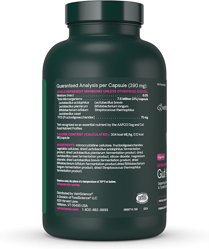 VetriScience Extra Strength Gut Health Probiotic & Prebiotic Digestive Supplements for Dogs & Cats, Gas & Diarrhea & Immune Support, Easy-Open Capsules, 180 Count - New Look