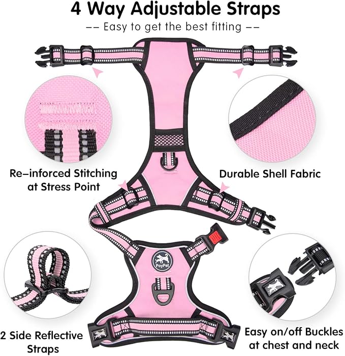 PoyPet No Pull Dog Harness, [Release on Neck] Reflective Adjustable No Choke Pet Vest with Front & Back 2 Leash Attachments, Soft Control Training Handle for Small Medium Large Dogs(Light Pink,M)