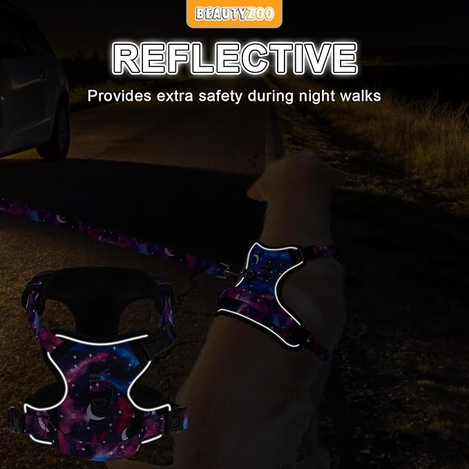 BEAUTYZOO No Pull Dog Harness and Leash Set with 2 Metal Leash Clips - Overhead-Free 3 Snap Buckles Design, Adjustable No-Choke Soft Padded Reflective Oxford Pet Vest for Small Medium Large Dogs, S