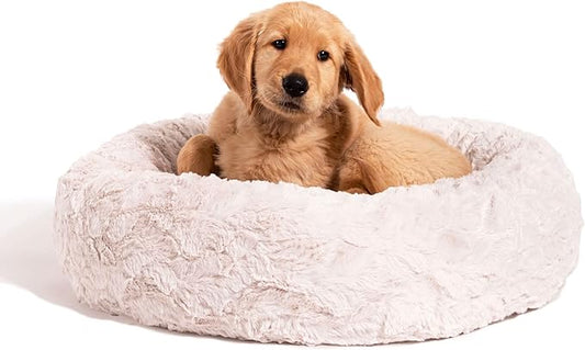 Best Friends by Sheri The Original Calming Donut Dog Bed – Washable Plush Pet Bed for Cats & Small Dogs up to 25 lbs, Lux Faux Fur, Oyster, Small (23" x 23")