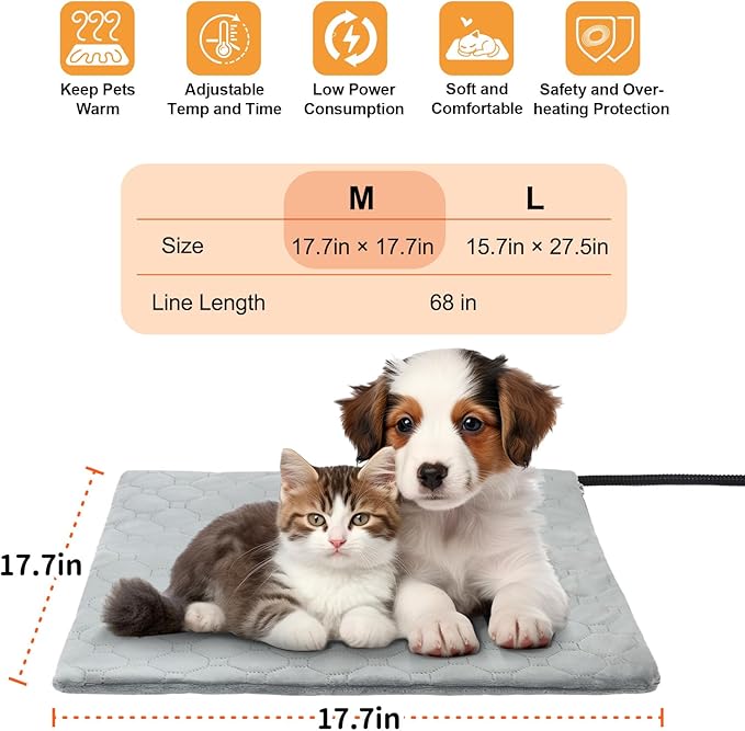 Cat Heating Pad, 6 Adjustable Temperature & 5 Timer Options, 17.7'' x 17.7'' Pet Heating Pad for Cats Dogs, Waterproof Indoor Outdoor Electric Heated Cat Bed Dog Mat with Chew-Resistant Cord (Grey)