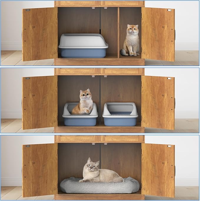 Cat Litter Box Enclosure Furniture Ultra-Large Wooden Hidden Litter Box,2-Door Storage Cabinet, 2 Drawers, 1 Air Vents,Litter Box Furniture Fit Most of Litter Box.