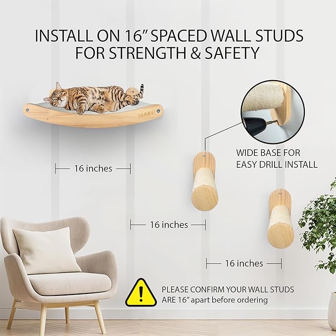 NVMBR Cat Wall Furniture Lounge with Sisal Stairs Set, 16 inch Stud Design, Easy Install Mounts, Holds up to 33 lbs Climber Indoor Perches for Walls, Shelf Hammock with Saftety Bar