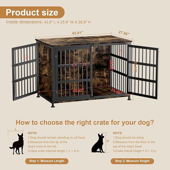 46" Dog Crate Furniture with Wheels, XXL Heavy Duty Dog Kennel Indoor for XL Dogs, Metal Chew-Proof Dog Cage, 45.9" L x 27.6" W x 32.4" H, Decorate House as TV Stand, End Table — Rustic Brown