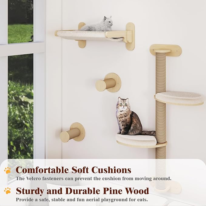 BYBYME 7Pcs Cat Wall Shelves, Solid Wood Indoor Cat Tree, Multi-Levels, Sturdy Wooden Wall Mounted Climbing Frames with Scratching Posts, Kitten Platform and Bed（Natural Wood）