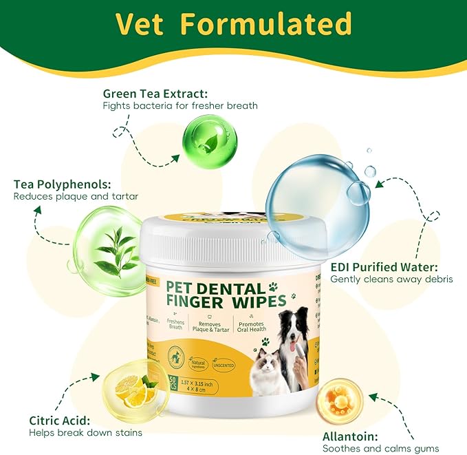 Dental Care Finger Wipes 50 Counts –Disposable Wipes for Dogs & Cats, Plaque & Tartar, Fresh Breath & Gum Health，All Natural Dog Toothbrush & Tooth Brushing Kit（Unscented）