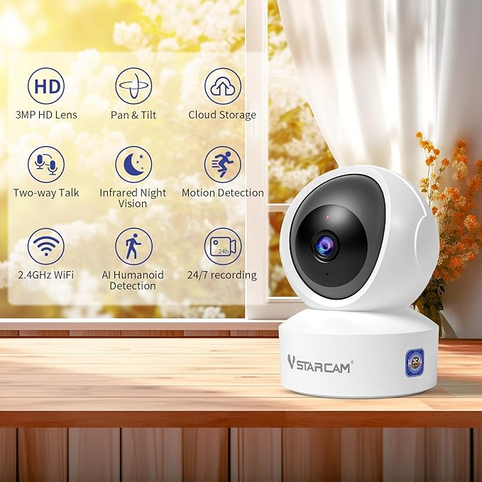 VSTARCAM 3MP Pet Camera Indoor with Phone App, 360° Indoor Security Camera with Color Night Vision, Motion Detection & 2-Way Audio, 24/7 SD & Cloud Storage，2.4GHz WiFi, in Plug