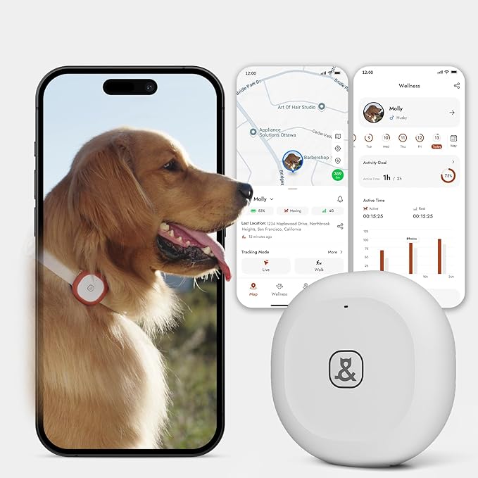 Molly&Cody GPS + Bluetooth Pet Tracker for Cats & Dogs – Real‑Time Tracking, Virtual Fence, IP67 Waterproof, Up to 60‑Day Battery, Health Monitoring, iOS/Android – Subscription Required (White)