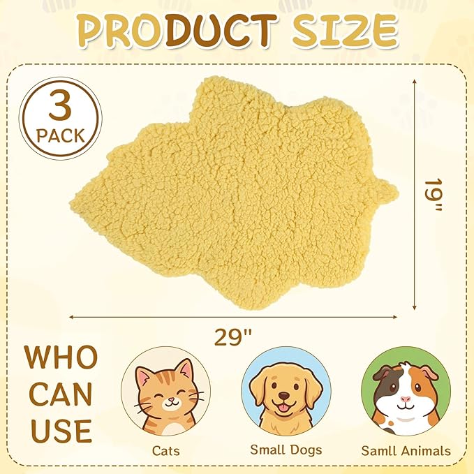 3 Pack Self Warming Cat Dog Bed Leaf Shape Self Heating Pet Mat Non Electric Washable Thermal Sleeping Pad Plush Heated Pet Mat for Crate Floor Indoor Outdoor (Light Yellow,Large-19 x29)