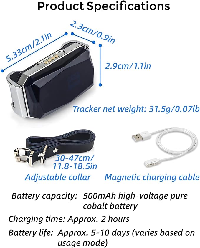 Smart GPS Dog Tracker, Live Pet Tracker, Virtual Fence, 10-Day Battery Life, Tensile Dog Collar, IP67 Water-Resistant, Easy Operation via Proprietary APP, Anti-Lost Tracking Device