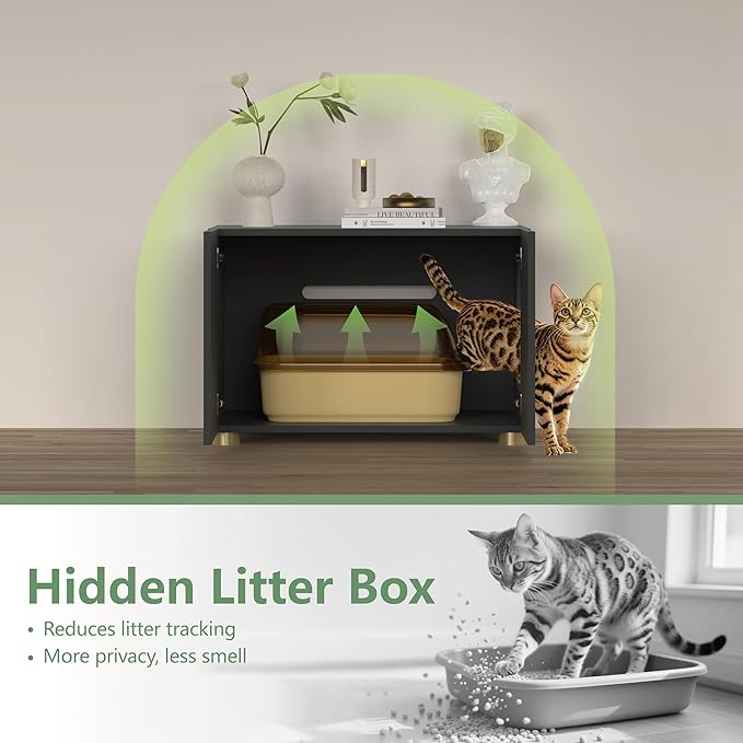 Small Litter Box Enclosure, Sleek Modern Cat Litter Box Cabinet Furniture, Wooden Cat House, End Table (Black)