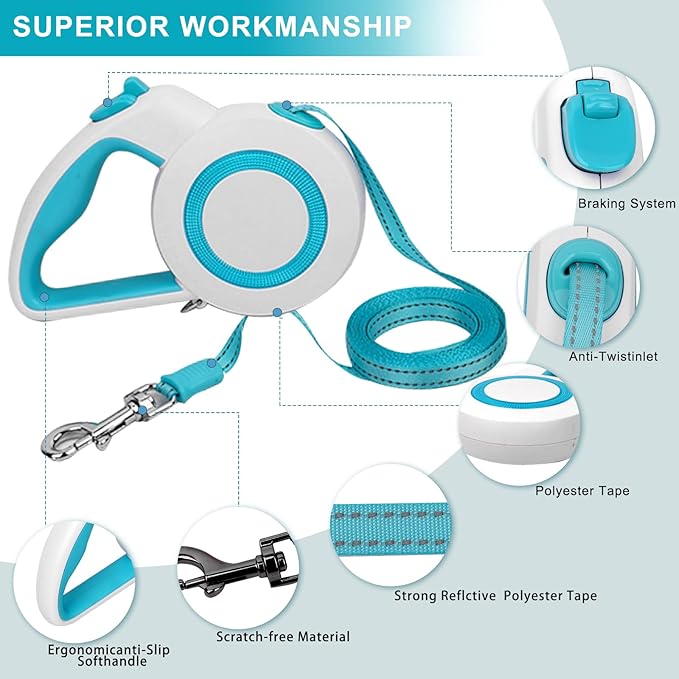 16Ft Retractable Dog Leash,Night Reflection,Light Weight Leash for Small to Medium Dogs/Cats,Stainless SteelSpring,Strong Nylon Tape,One-Handed Brake(Blue-White)
