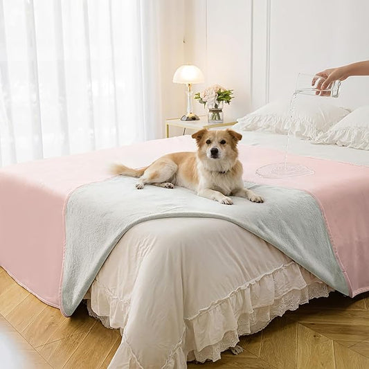 Waterproof Blanket for Bed, Leak Proof Dog Couch Blankets Reversible, Pet Throw Sofa Furniture Protector Machine Washable-82 x120,Pink+Cream