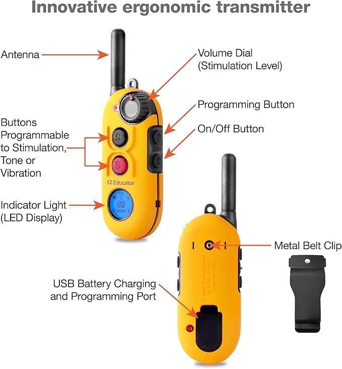 Educator EZ 1/2 Mile Dog Training Collar with Ergonomic Remote, Safe Humane Vibration Stimulation, Pavlovian Tone, Waterproof, Odorproof Biothane Collar, Night Light, Rechargeable, 2 Dog, Yellow