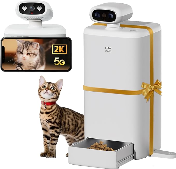 HHOLOVE Automatic Cat Feeder with Camera AI-Powered, 2k HD Video Night Vision, 5G/2.4G Wi-Fi Programmable, 2-Way Audio, Low Food Alert, Blockage Sensor, 1-Year Subscription Version