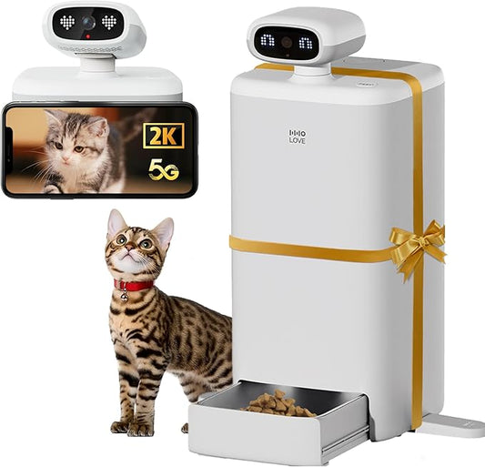 HHOLOVE Automatic Cat Feeder with Camera AI-Powered, 2k HD Video Night Vision, 5G/2.4G Wi-Fi Programmable, 2-Way Audio, Low Food Alert, Blockage Sensor, 1-Year Subscription Version