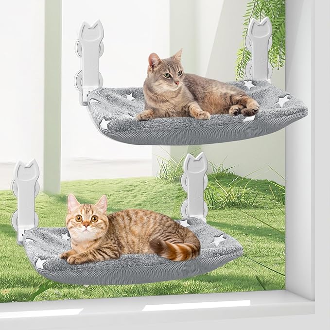 2 Pack Cat Window Perch, Glow in The Dark Foldable Cat Window Hammock with Sunken Design, Removable Soft Cover, Breathable Cordless Window Bed for Cats Inside Holds up to 40lbs (Grey, 2 Pack)