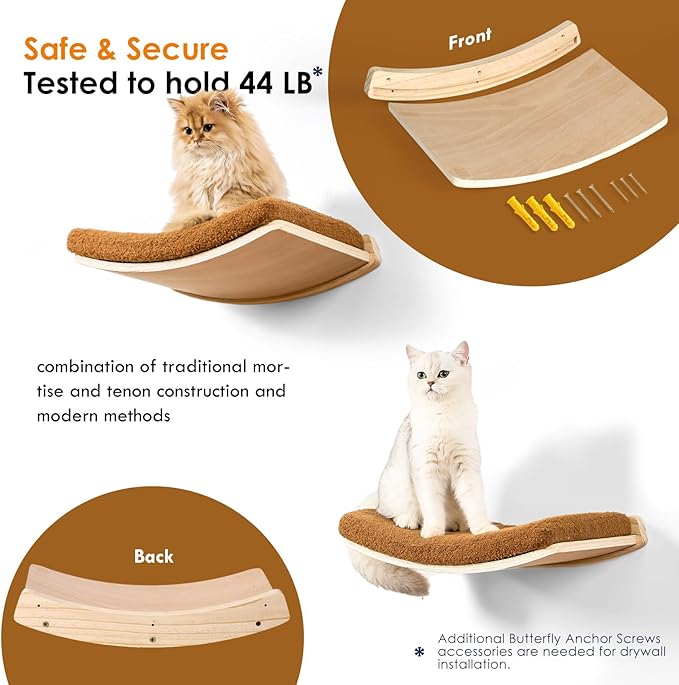 Curved Cat Wall Shelves and Perches, Floating Cat Wall Bed Furniture with Comfortable Cushion