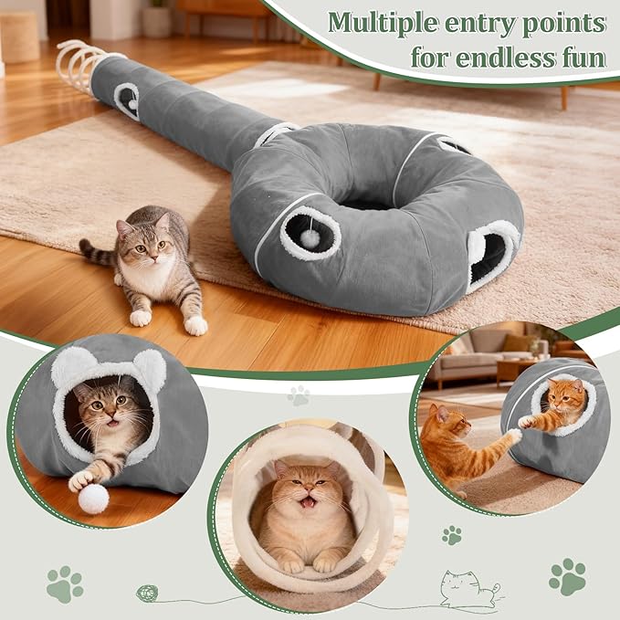 Ownpets 2-in-1 Cat Tunnel, Large Lollipop Shape Cat Tunnel Toy with Fluffy Balls, Spiral Toy, Plush Collapsible Cat Cave Hideout Donut Tunnel for Multi Kitten Puppy Rabbit (Grey)