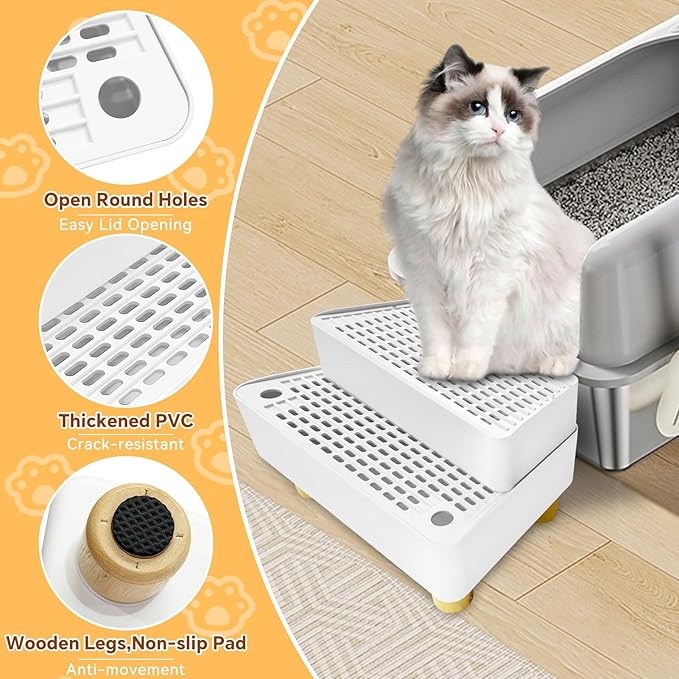 Litter Box Step,2 Steps Litter Box Ramp with Wooden Base,Cat Litter Catcher,Height-Adjustable for Small & Elderly Cats,White